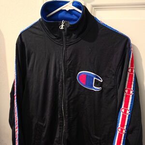 Champion Mens Track Jacket Black Blue Red Logo Tape Full Zip Large